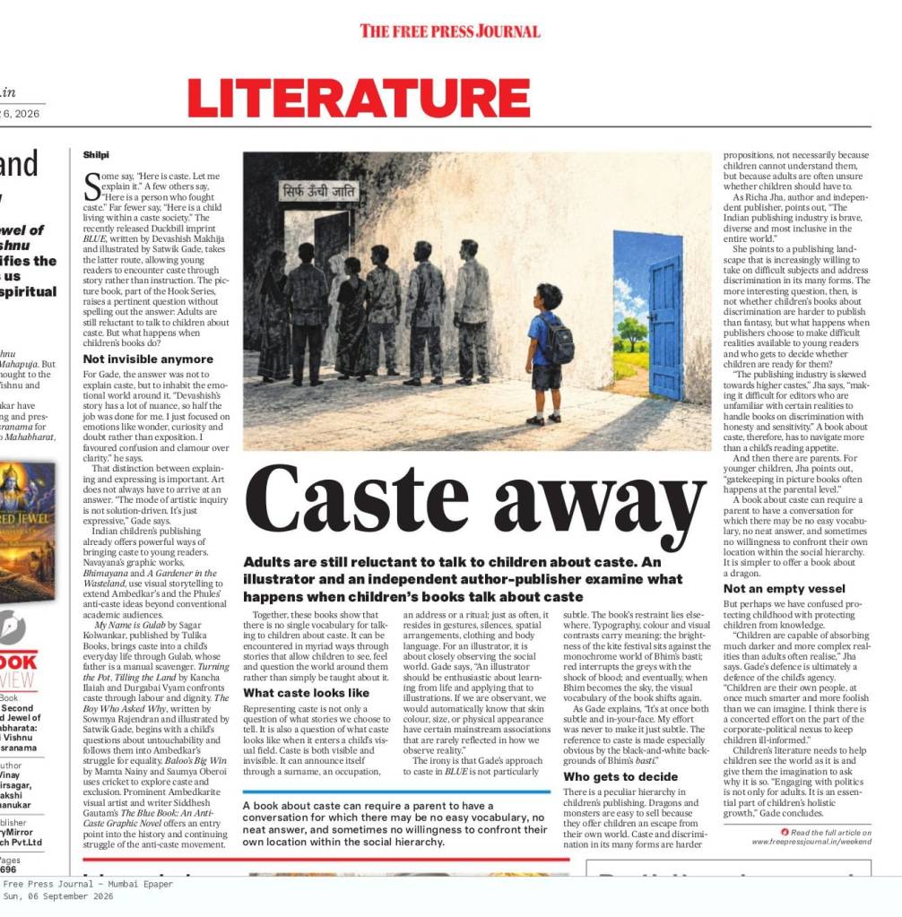 A newspaper page featuring an article titled 'Caste away' about the reluctance of adults to discuss caste with children, accompanied by illustrations and discussions on children's literature related to caste.